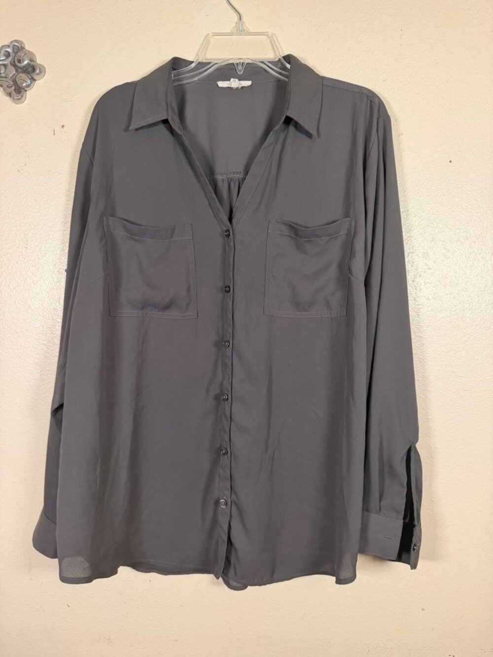Maurices 2X Charcoal Gray Button Front Career Blouse Long Sleeve Top